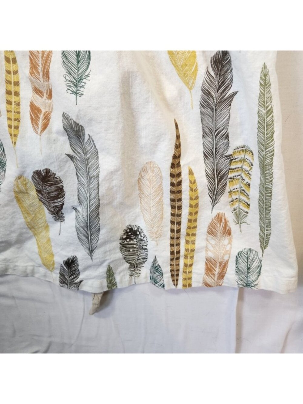 Boho Feather Print Halter Apron Dress Linen Blend White Tan Earthy Tones - Picture 2 of 7